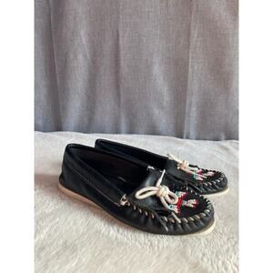Vintage Minnetonka Black Leather Thunderbird Beaded Moccasins - Women's Size 7